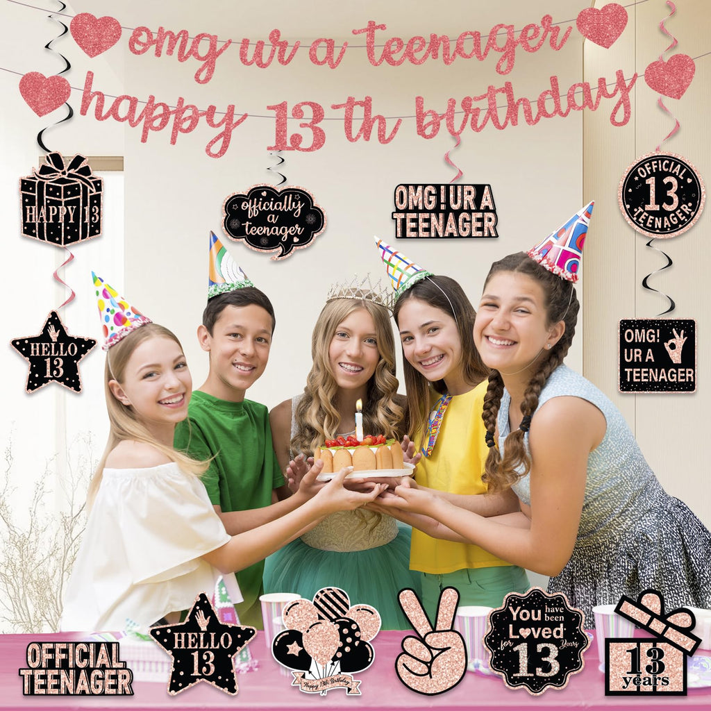 ZHAOQIZENG Pre-Strung 13th Birthday Banner – Glitter Rose Gold Party Decor for Girls