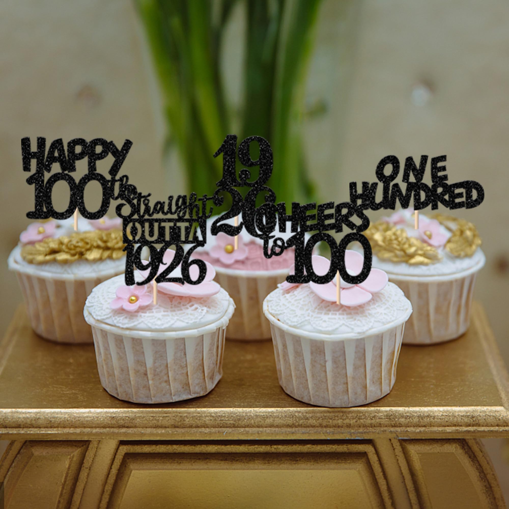 ZHUOWEISM 30pcs Black Glitter 100th Birthday Cupcake Toppers – Straight Outta 1926 Party Picks