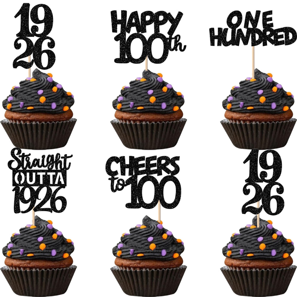 ZHUOWEISM 30pcs Black Glitter 100th Birthday Cupcake Toppers – Straight Outta 1926 Party Picks