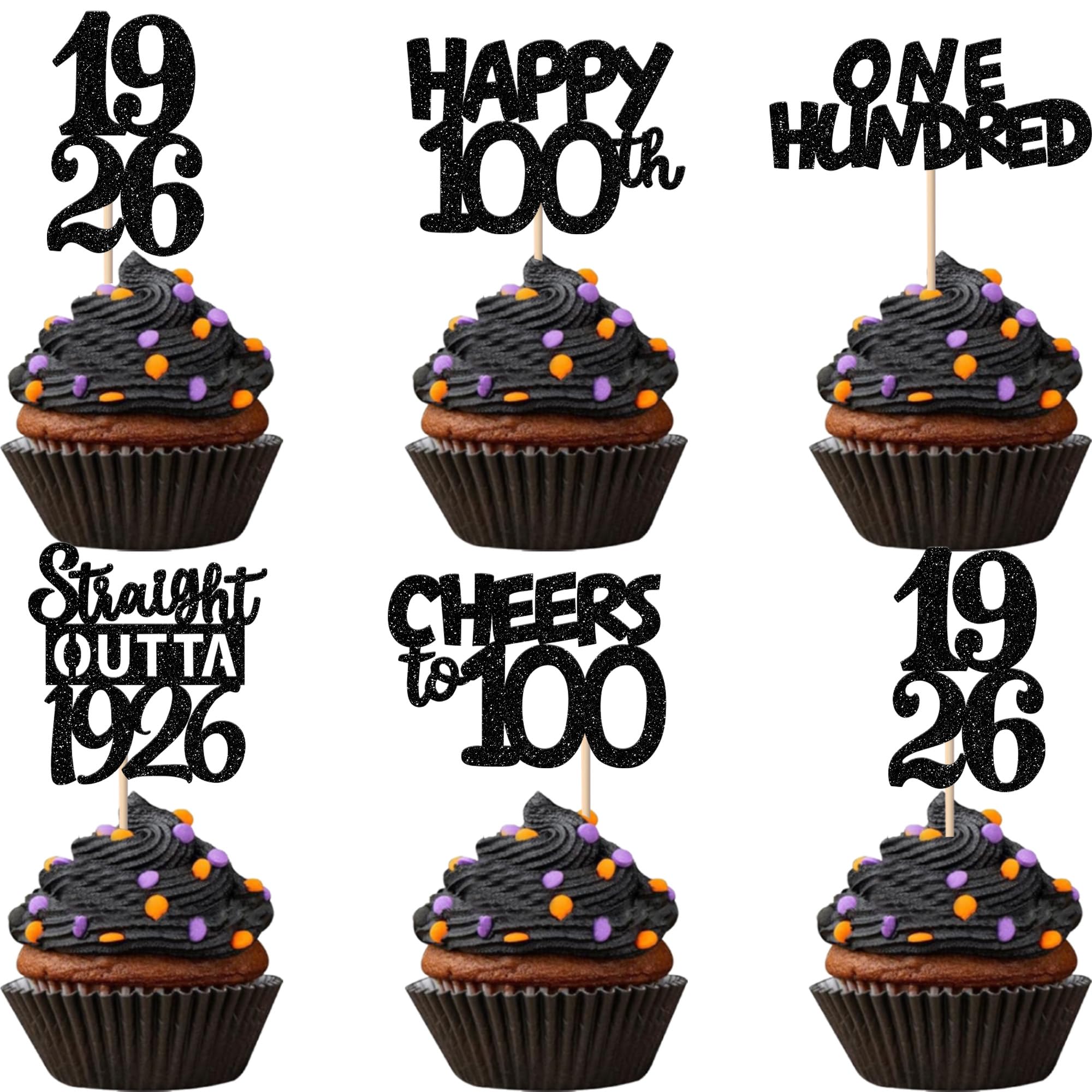 ZHUOWEISM 30pcs Black Glitter 100th Birthday Cupcake Toppers – Straight Outta 1926 Party Picks