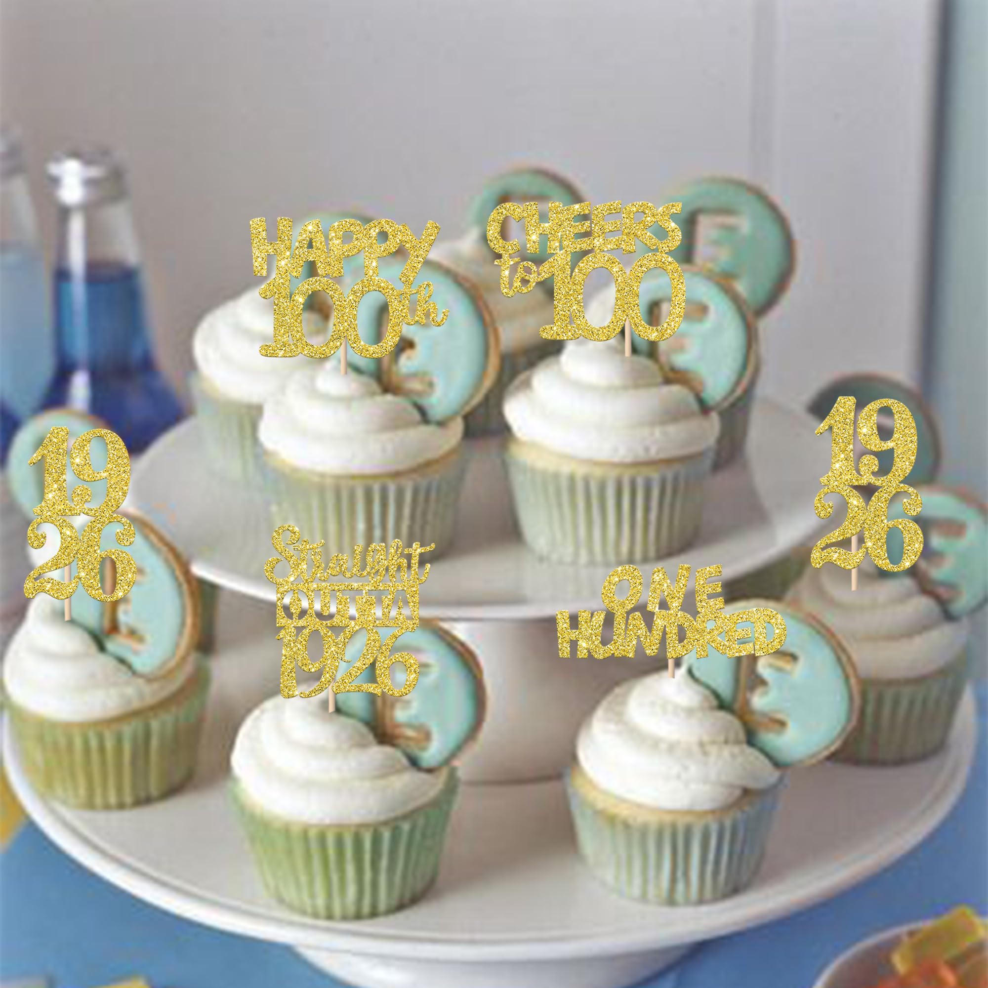 ZHUOWEISM 30PCS Happy 100th Birthday Cupcake Toppers | Gold Glitter, 1926 Theme