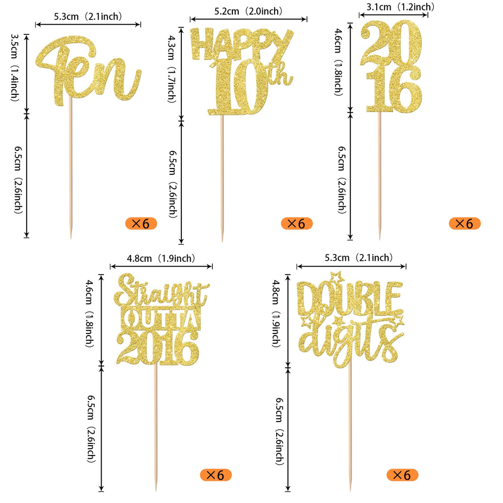 ZHUOWEISM 30Pcs Straight Outta 2016 Cupcake Toppers – Gold Glitter for 10th Birthday Party