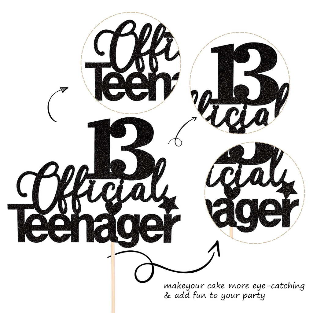 ZHUOWEISM 13 Official Teenager Glitter Cake Topper — 13th Birthday Party Decoration (Black)