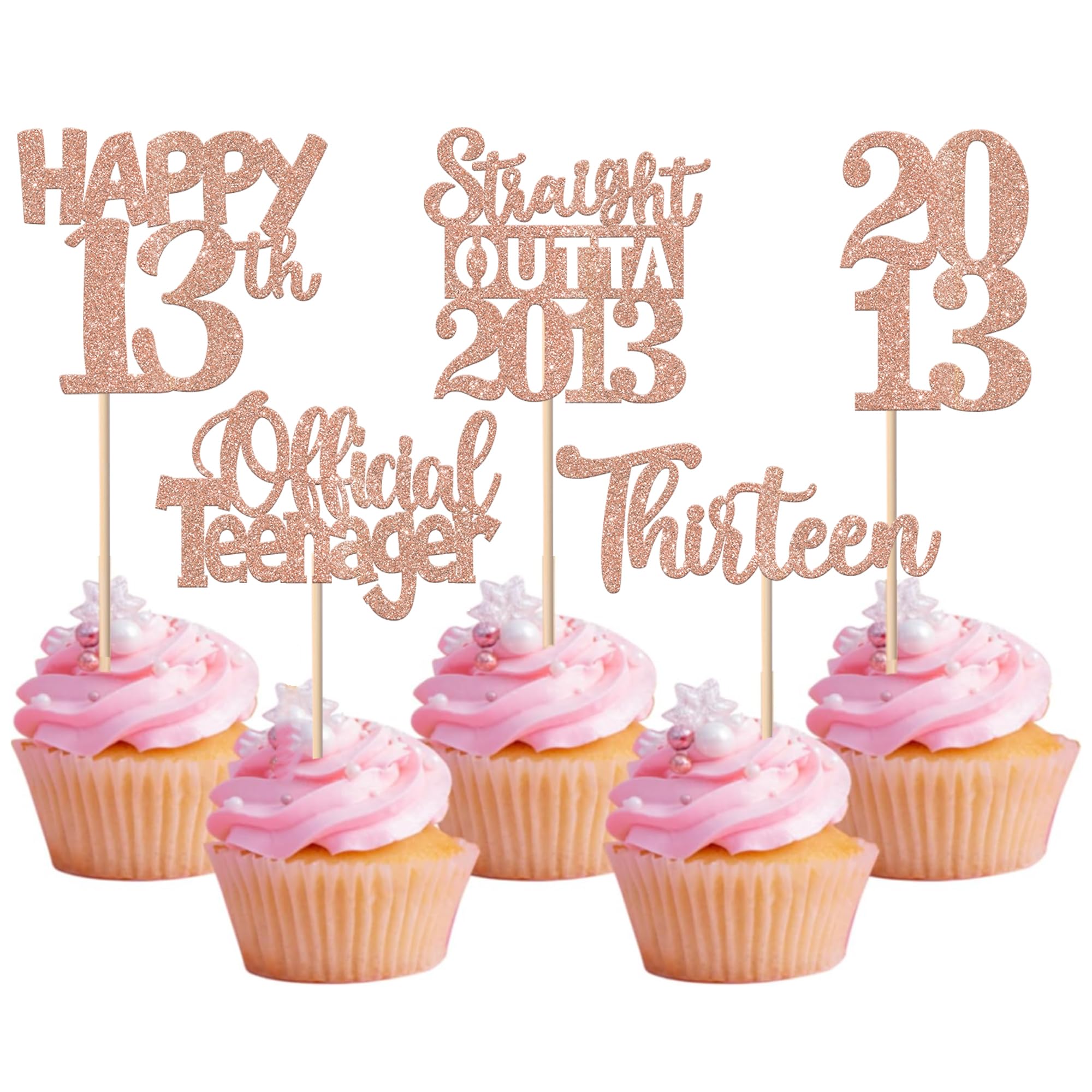 ZHUOWEISM 30Pcs 13th Birthday Cupcake Toppers – Glitter Rose Gold, Straight Outta 2013
