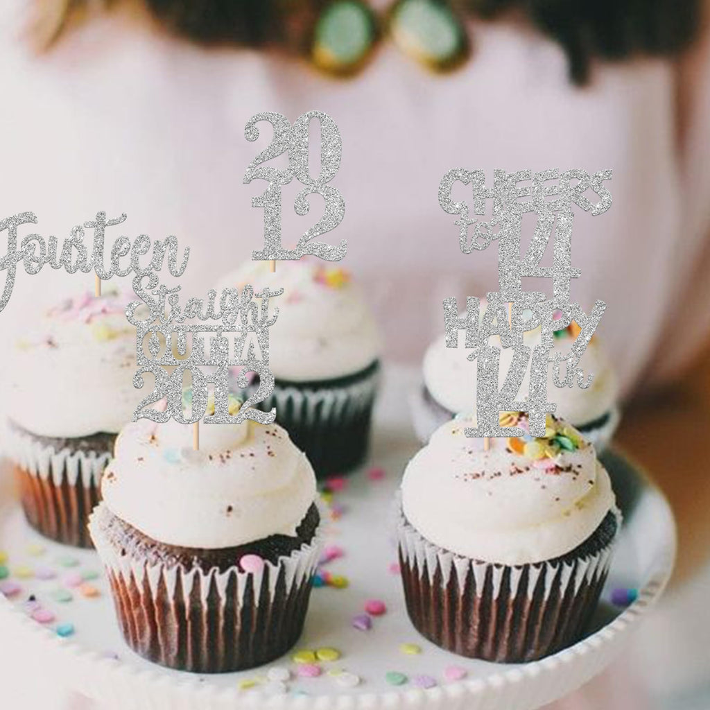 ZHUOWEISM 30Pcs Glitter 14th Birthday Cupcake Toppers – Straight Outta 2012 Theme, Silver Party Decor