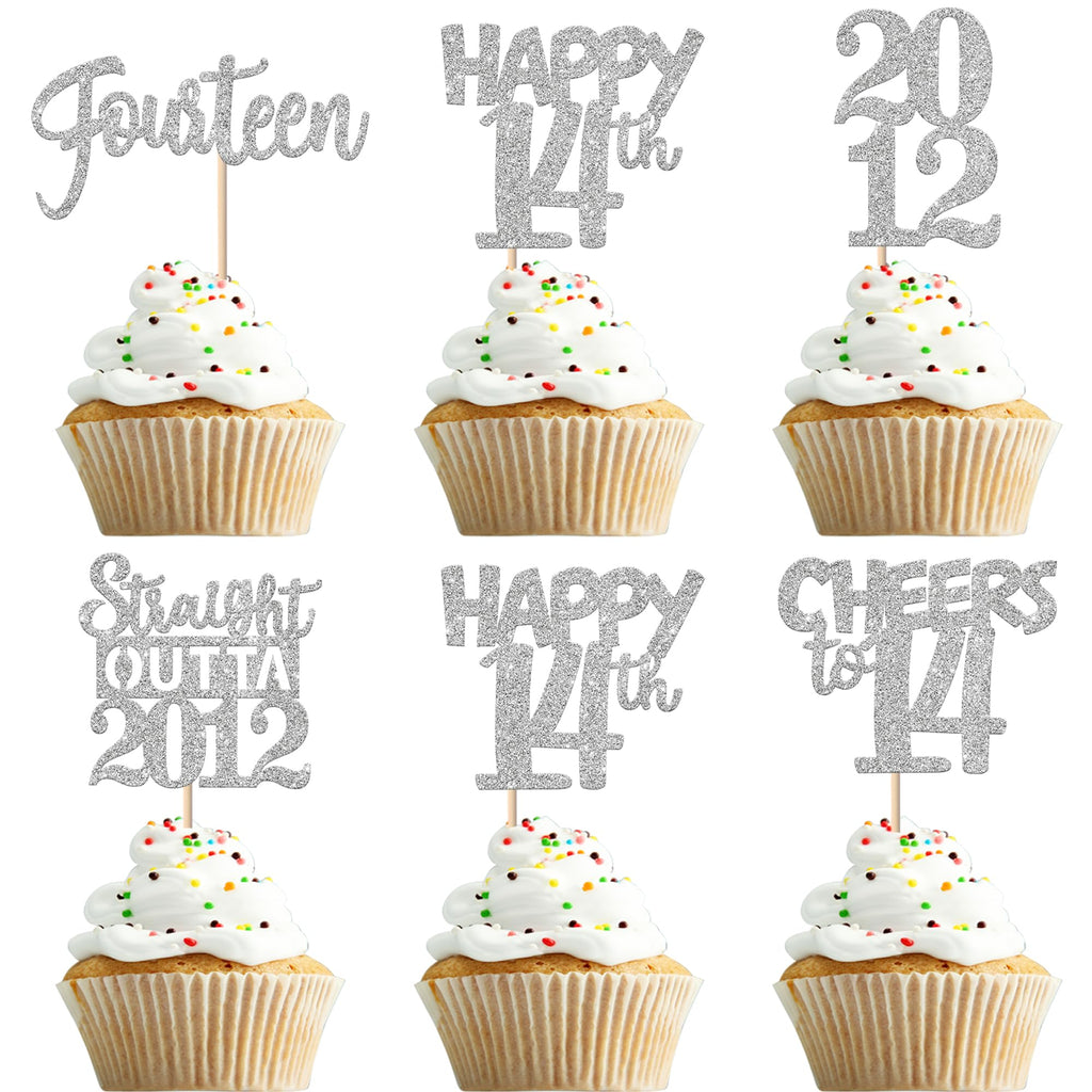 ZHUOWEISM 30Pcs Glitter 14th Birthday Cupcake Toppers – Straight Outta 2012 Theme, Silver Party Decor
