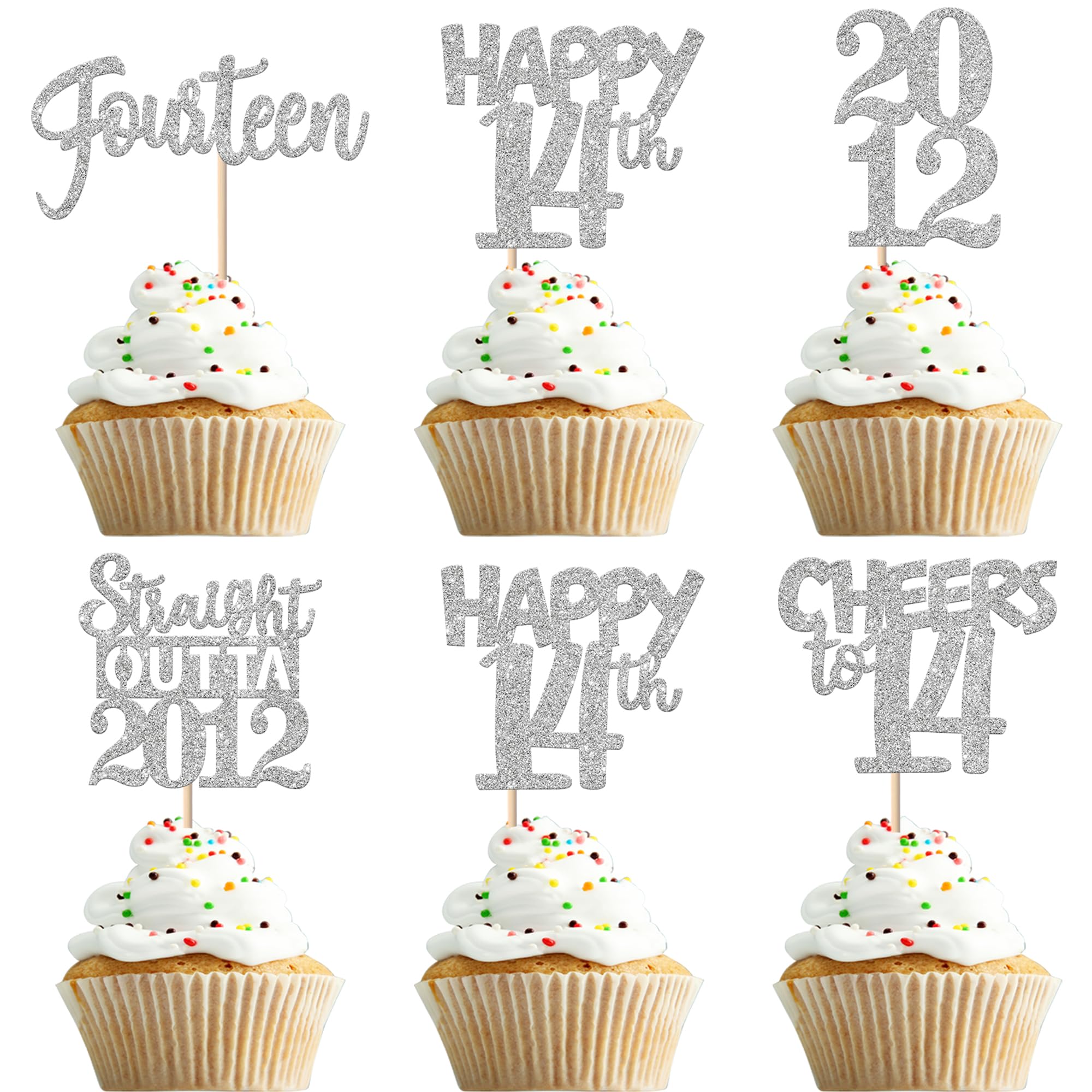 ZHUOWEISM 30Pcs Glitter 14th Birthday Cupcake Toppers – Straight Outta 2012 Theme, Silver Party Decor