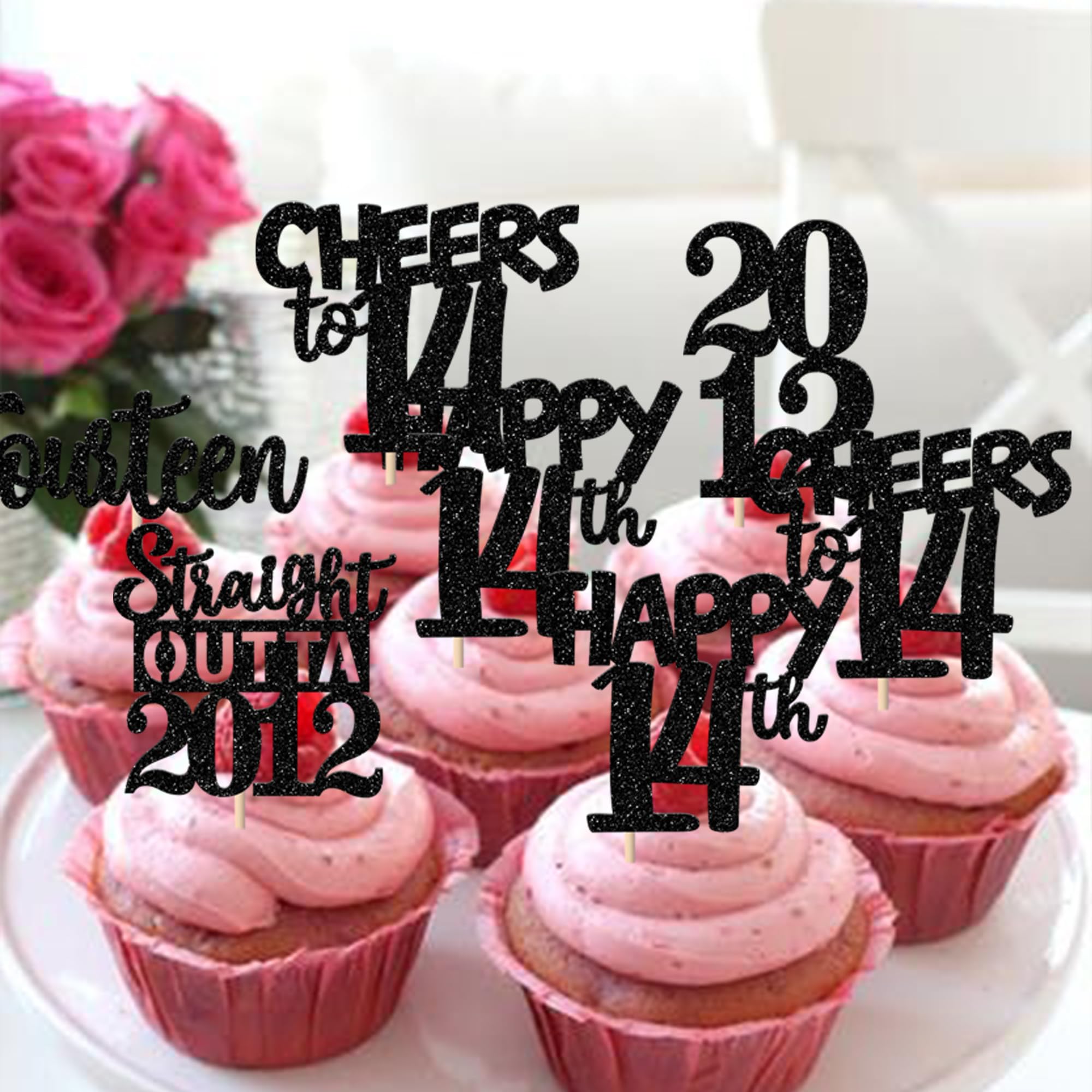 ZHUOWEISM 30pcs Black Glitter Cupcake Toppers – Straight Outta 2012 for 14th Birthday & Anniversary