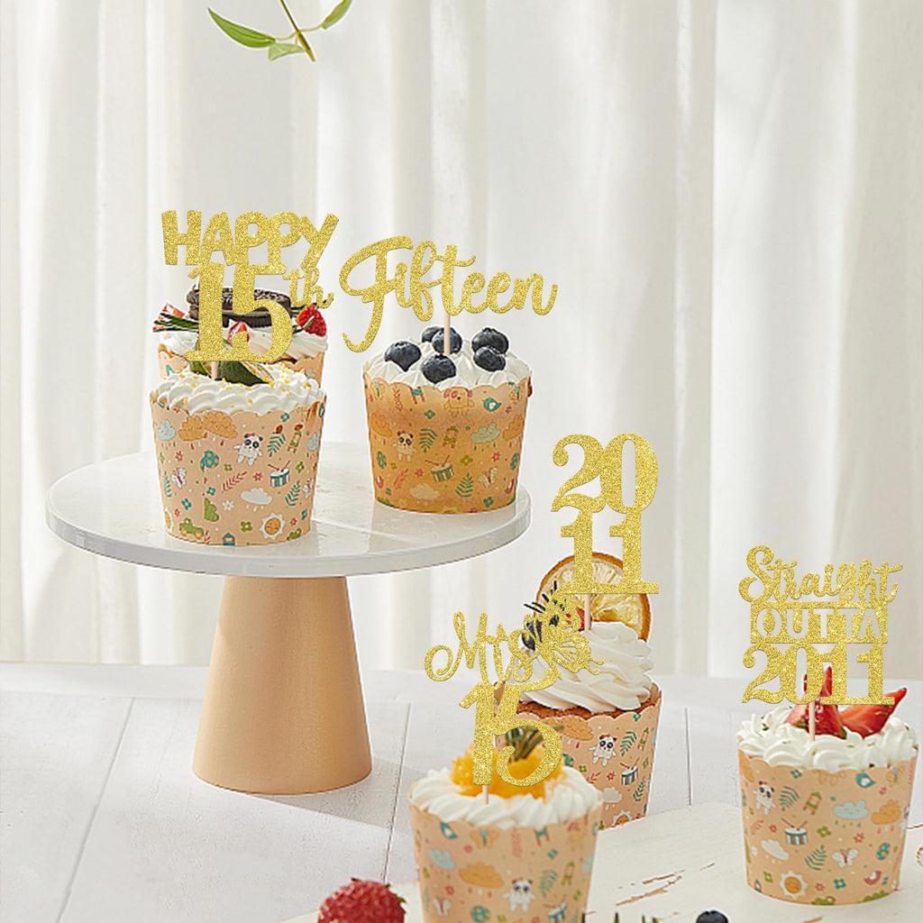 ZHUOWEISM 30Pcs Straight Outta 2011 Cupcake Toppers – Gold Glitter for 15th Birthday