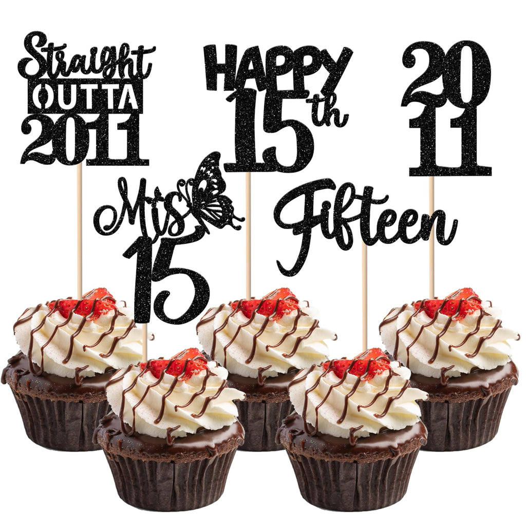 ZHUOWEISM 30Pcs Black 15th Birthday Cupcake Toppers Glitter – Straight Outta 2011