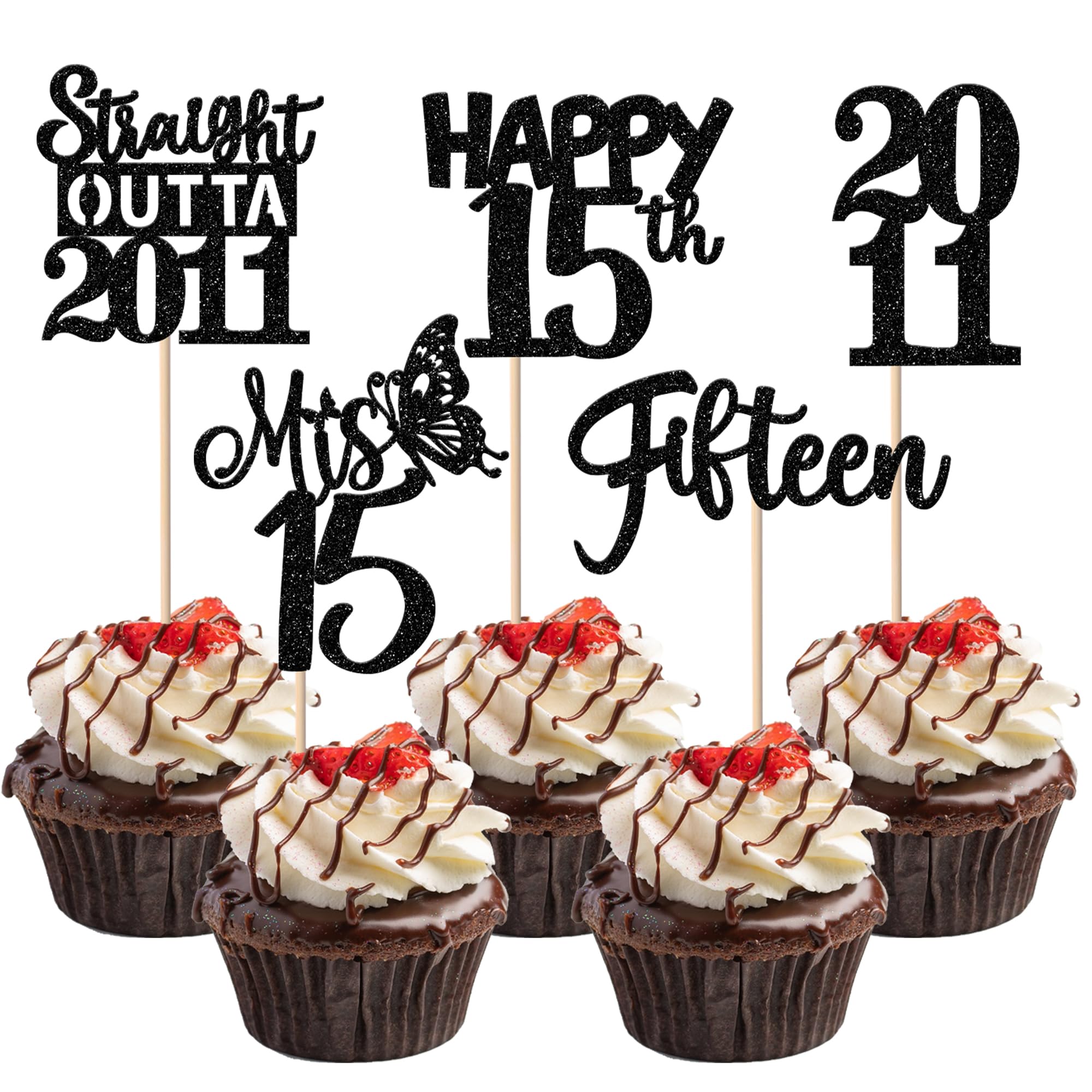 ZHUOWEISM 30Pcs Black 15th Birthday Cupcake Toppers Glitter – Straight Outta 2011