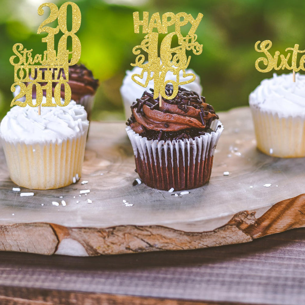 ZHUOWEISM 30Pcs Happy 16th Birthday Cupcake Toppers | Gold Glitter 'Straight Outta 2010' Picks