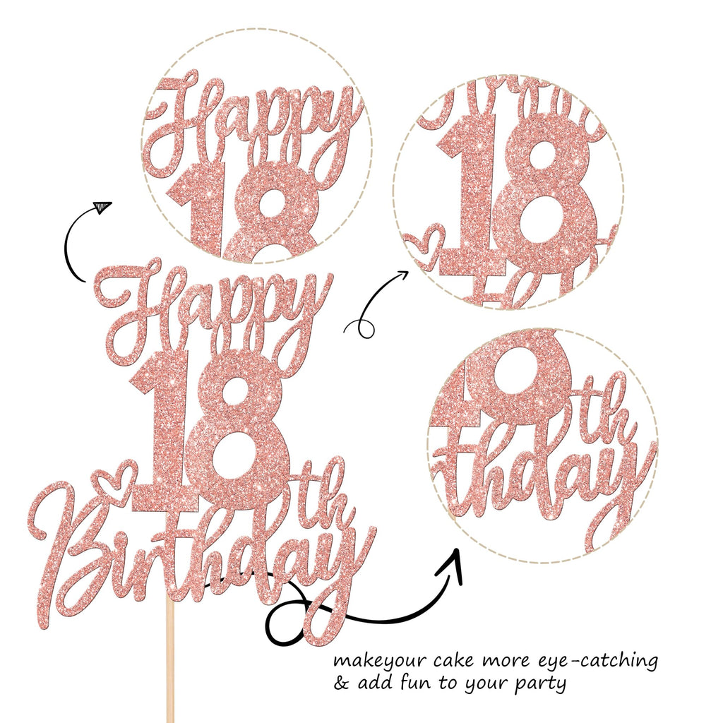 ZHUOWEISM 1 PCS Happy 18th Birthday Cake Topper - Glitter Rose Gold