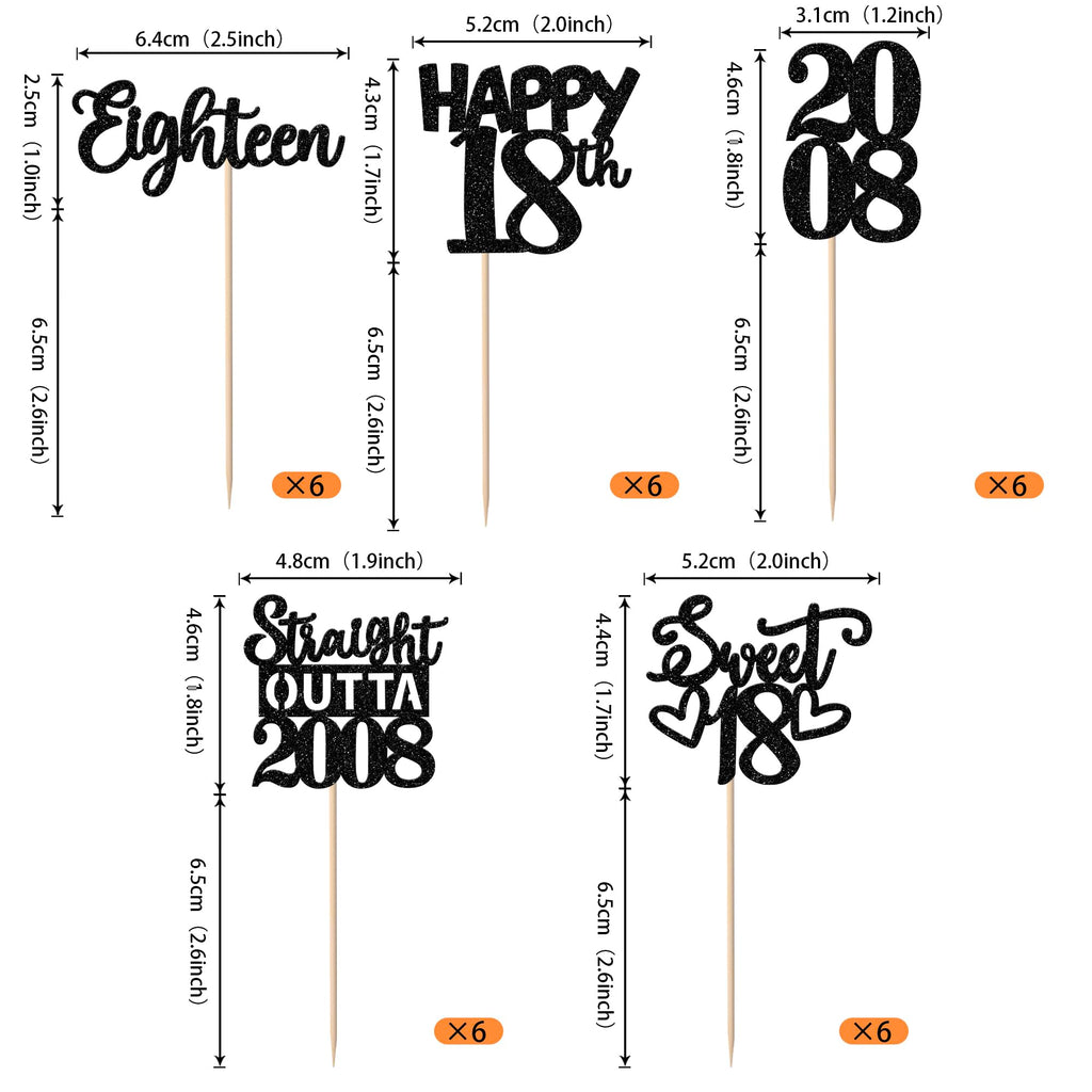 ZHUOWEISM 30Pcs Black Glitter 18th Birthday Cupcake Toppers — Straight Outta 2008 Party Decor