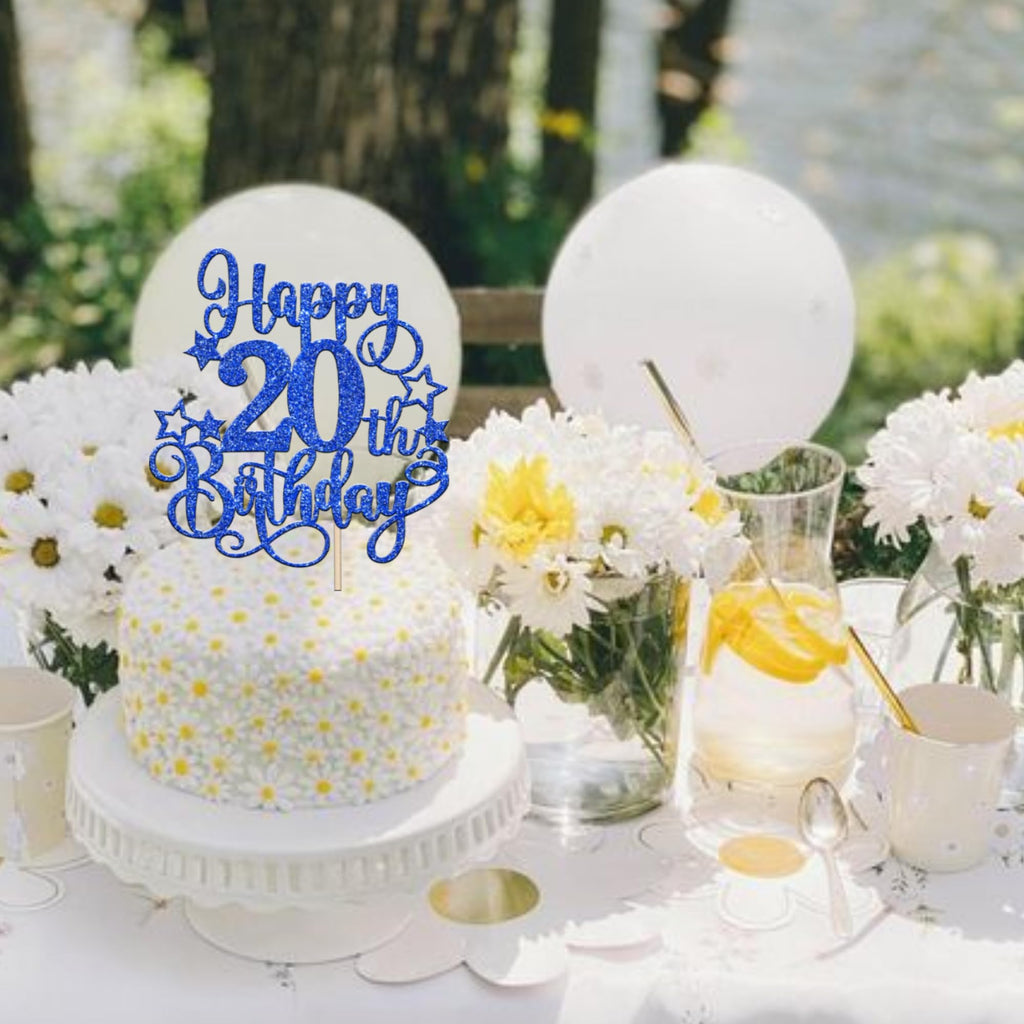 ZHUOWEISM Happy 20th Birthday Cake Topper – Blue Glitter, Pre-assembled, 5.3x9.6 in