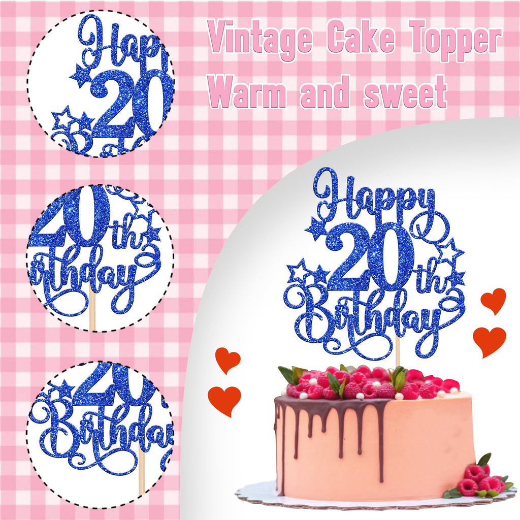 ZHUOWEISM Happy 20th Birthday Cake Topper – Blue Glitter, Pre-assembled, 5.3x9.6 in