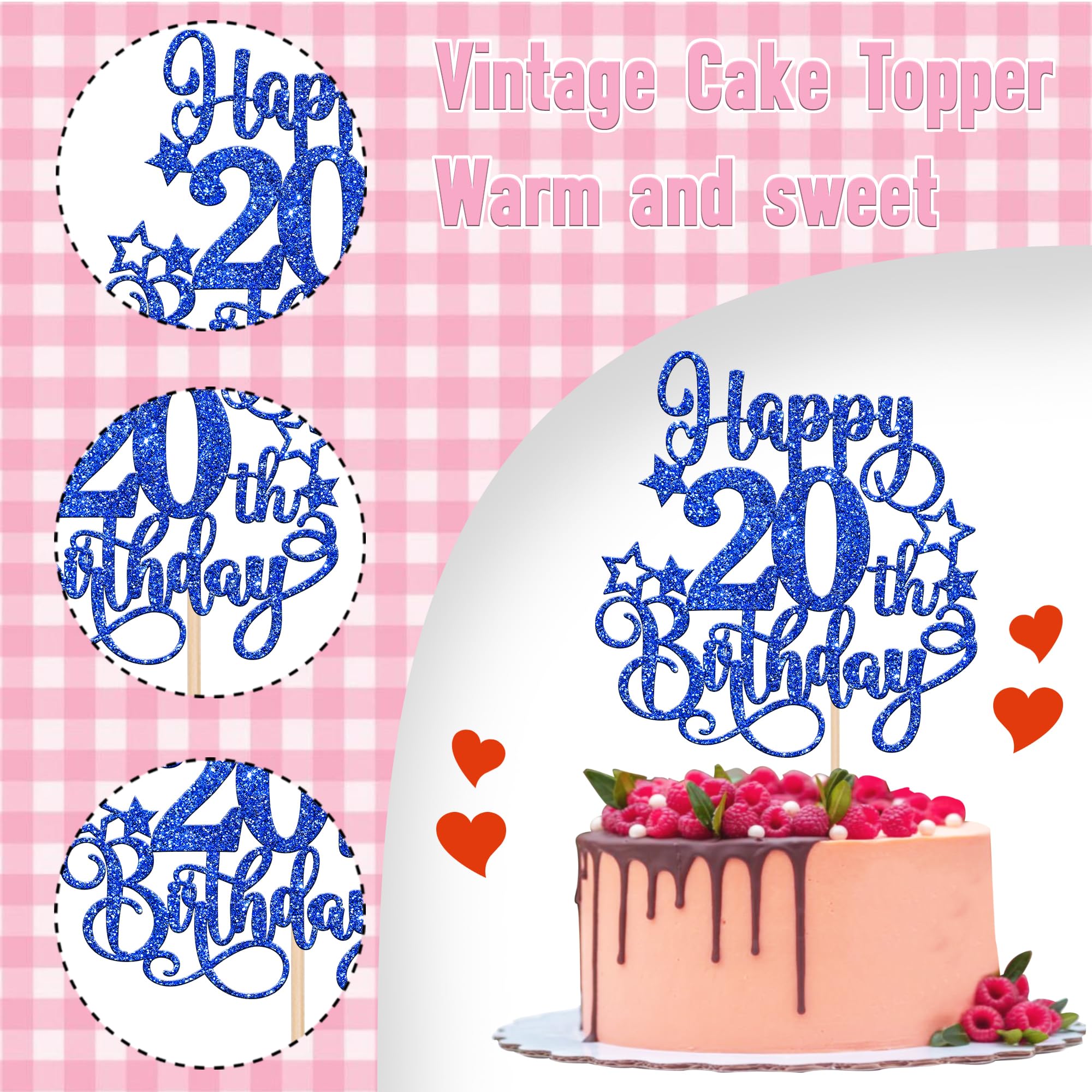 ZHUOWEISM Happy 20th Birthday Cake Topper – Blue Glitter, Pre-assembled, 5.3x9.6 in