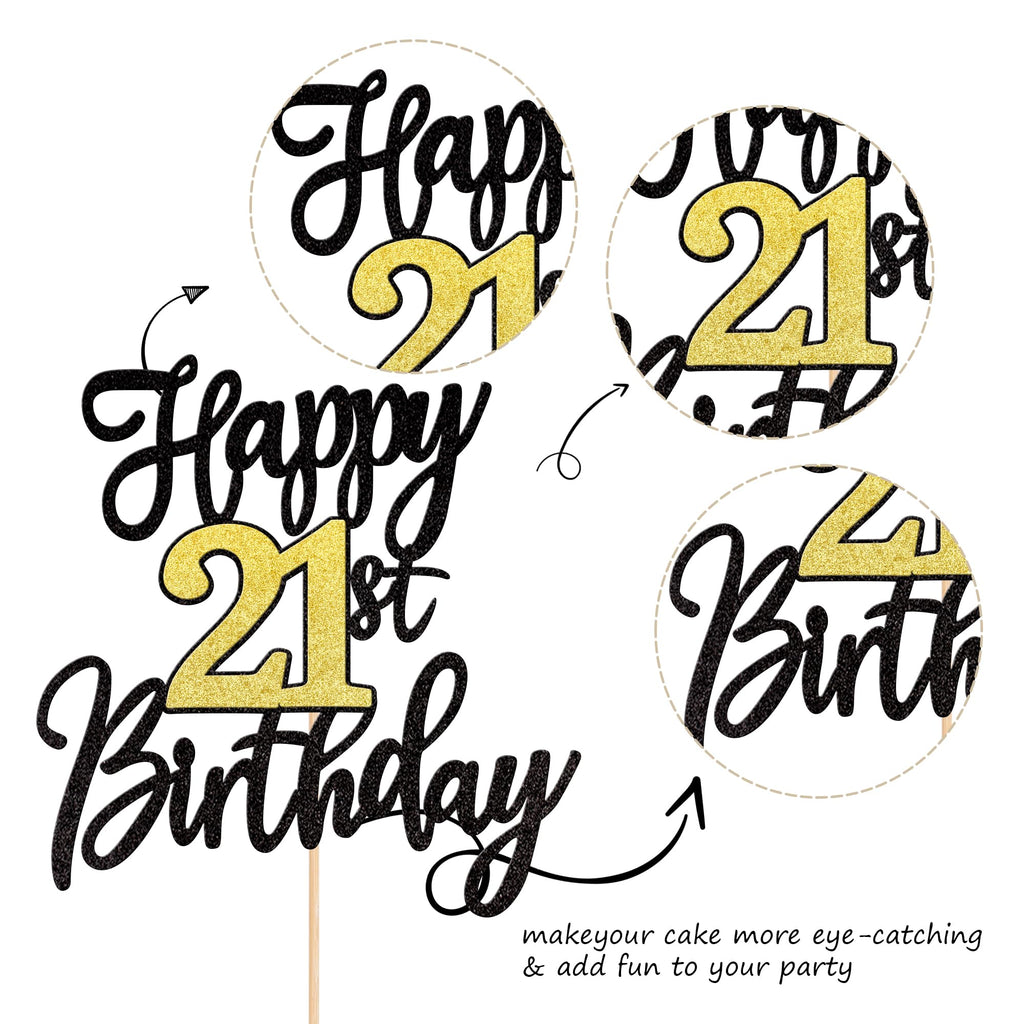 ZHUOWEISM 1 PCS Happy 21st Birthday Cake Topper – Black Gold Glitter, Cheers to 21 Years