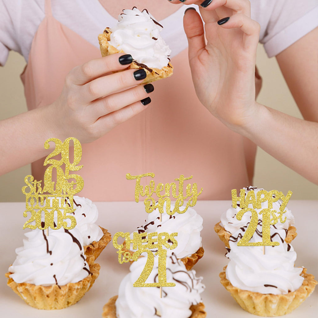 ZHUOWEISM 30Pcs Happy 21st Birthday Cupcake Toppers – Gold Glitter Straight Outta 2005