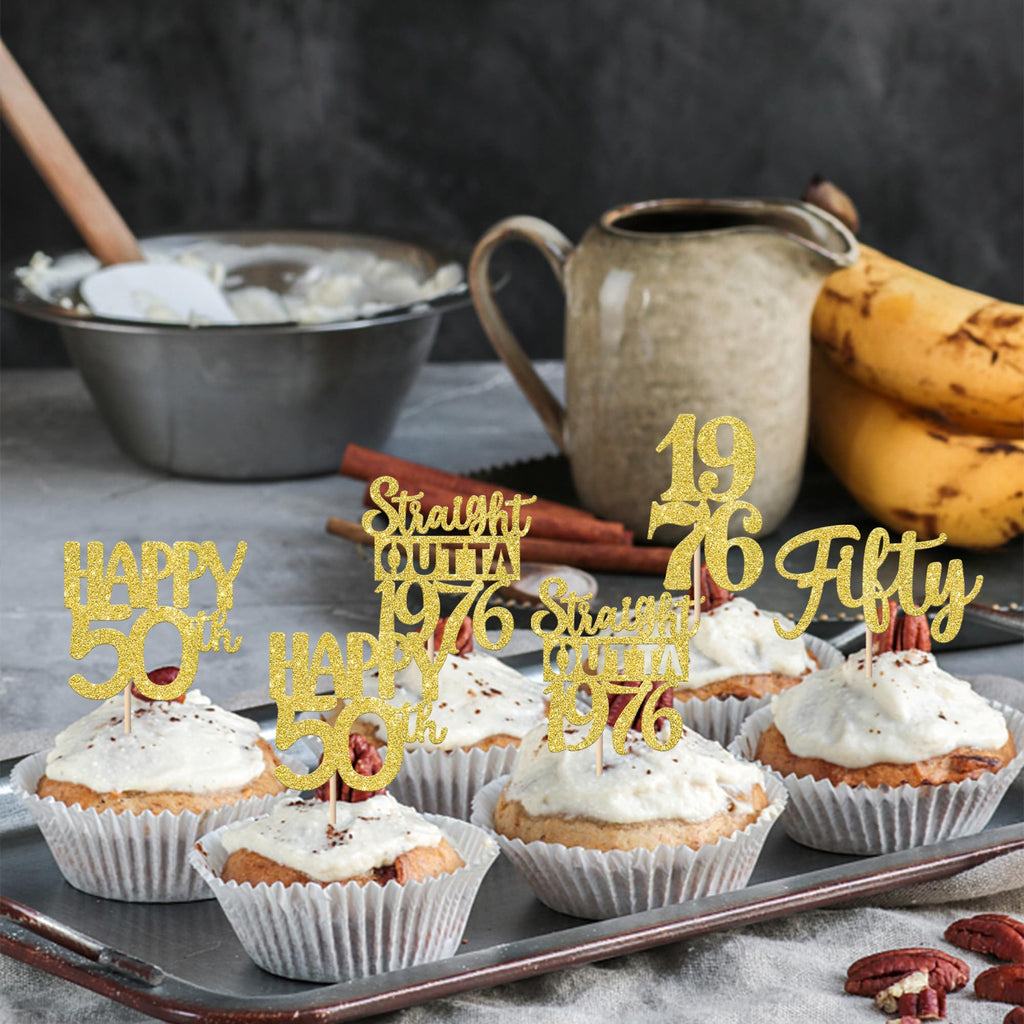 ZHUOWEISM 30Pcs Happy 50th Birthday Cupcake Toppers – Gold Glitter, Straight Outta 1976