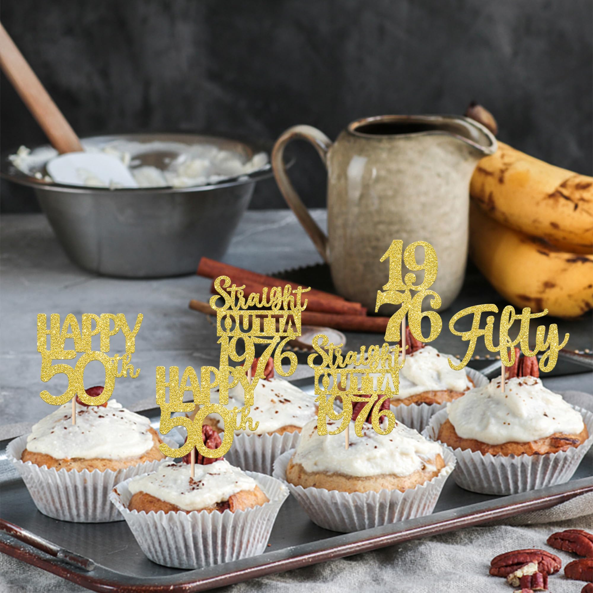 ZHUOWEISM 30Pcs Happy 50th Birthday Cupcake Toppers – Gold Glitter, Straight Outta 1976