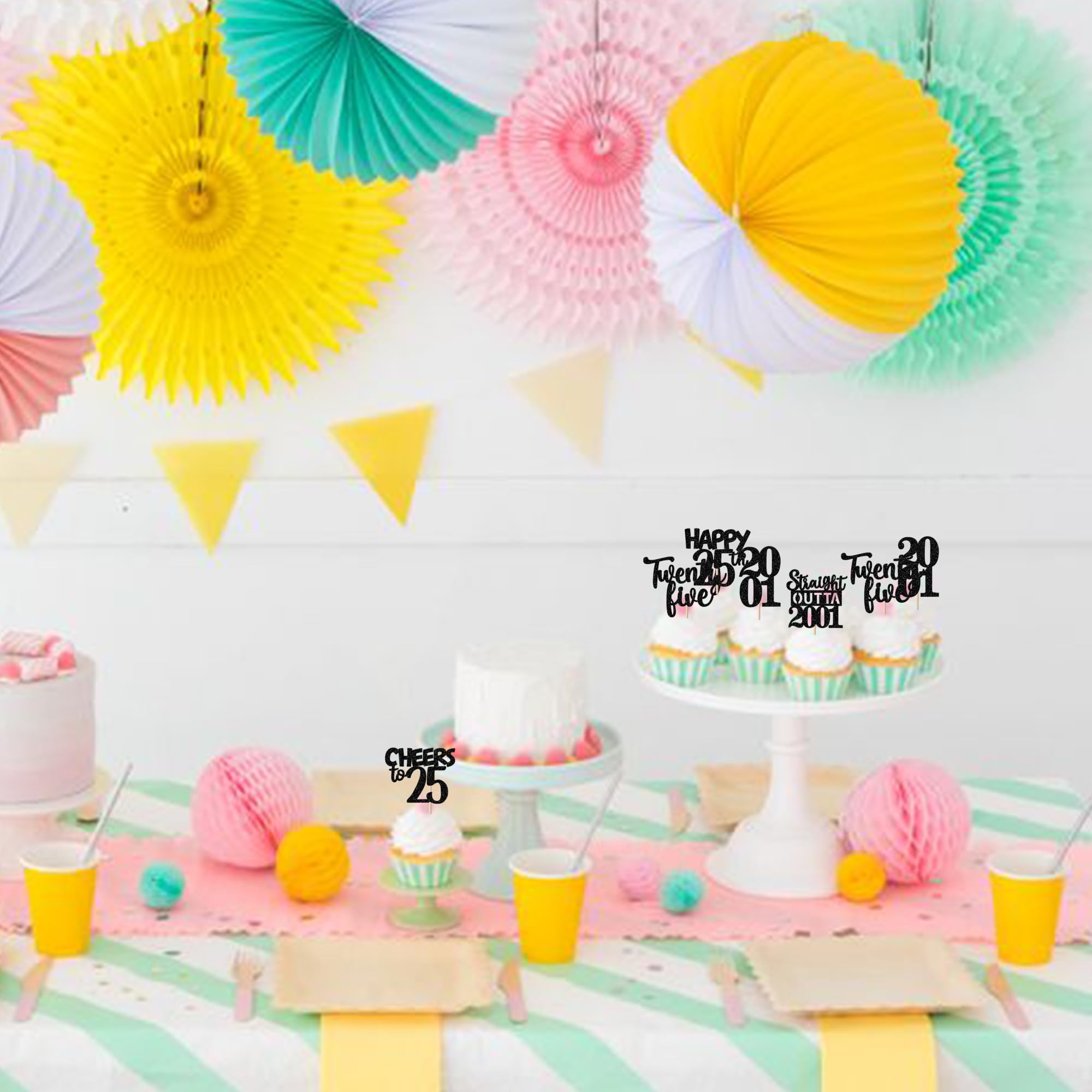 ZHUOWEISM 30Pcs Black Glitter Cupcake Toppers – Happy 25th Birthday, Straight Outta 2001, Party Cake Decorations