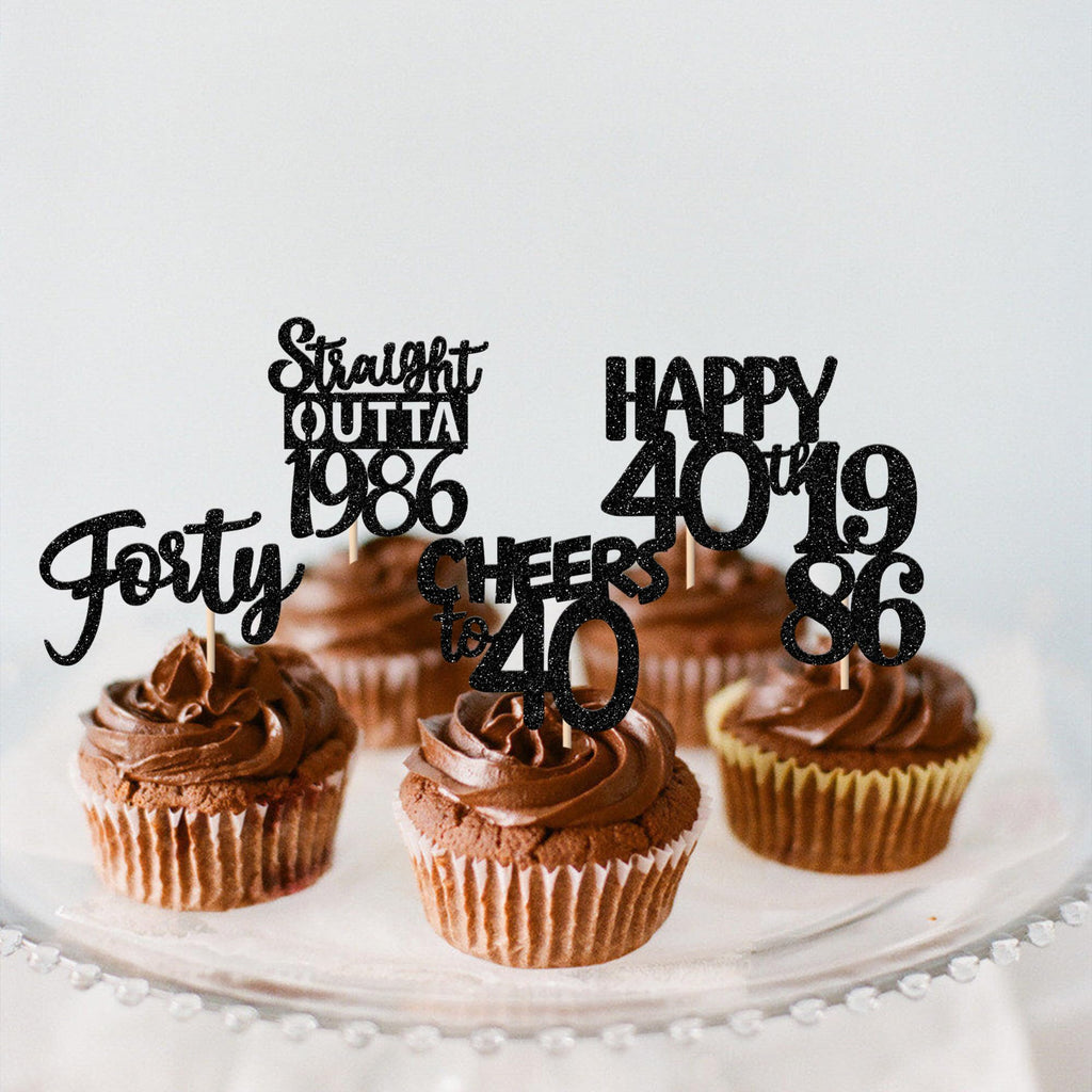ZHUOWEISM 30pcs Black Glitter Cupcake Toppers - Straight Outta 1986 for 40th Birthday & Anniversary