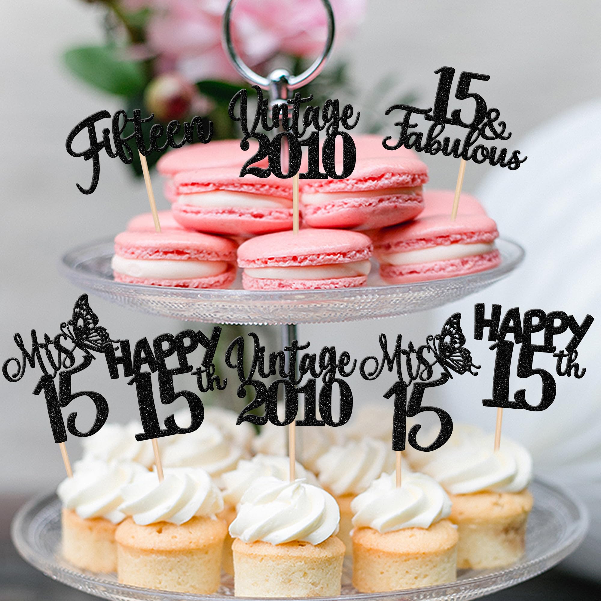 ZHUOWEISM 30pcs Happy 15th Birthday Cupcake Toppers Glitter Black – Vintage 2010 Theme Cake Decorations