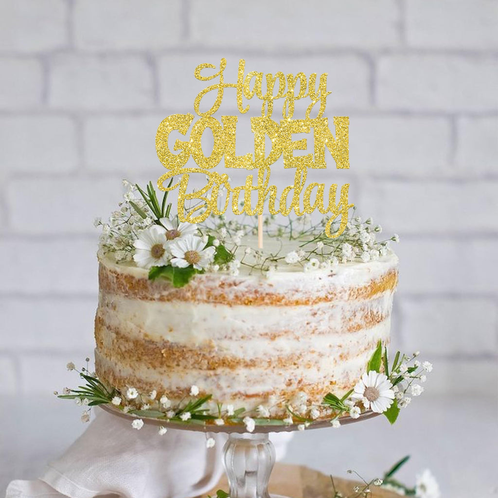 ZHUOWEISM Happy Golden Birthday Cake Topper – Gold Glitter Cake Pick for 1/13/16/18/21/30/40/60/70/80/90 & 50th Anniversary