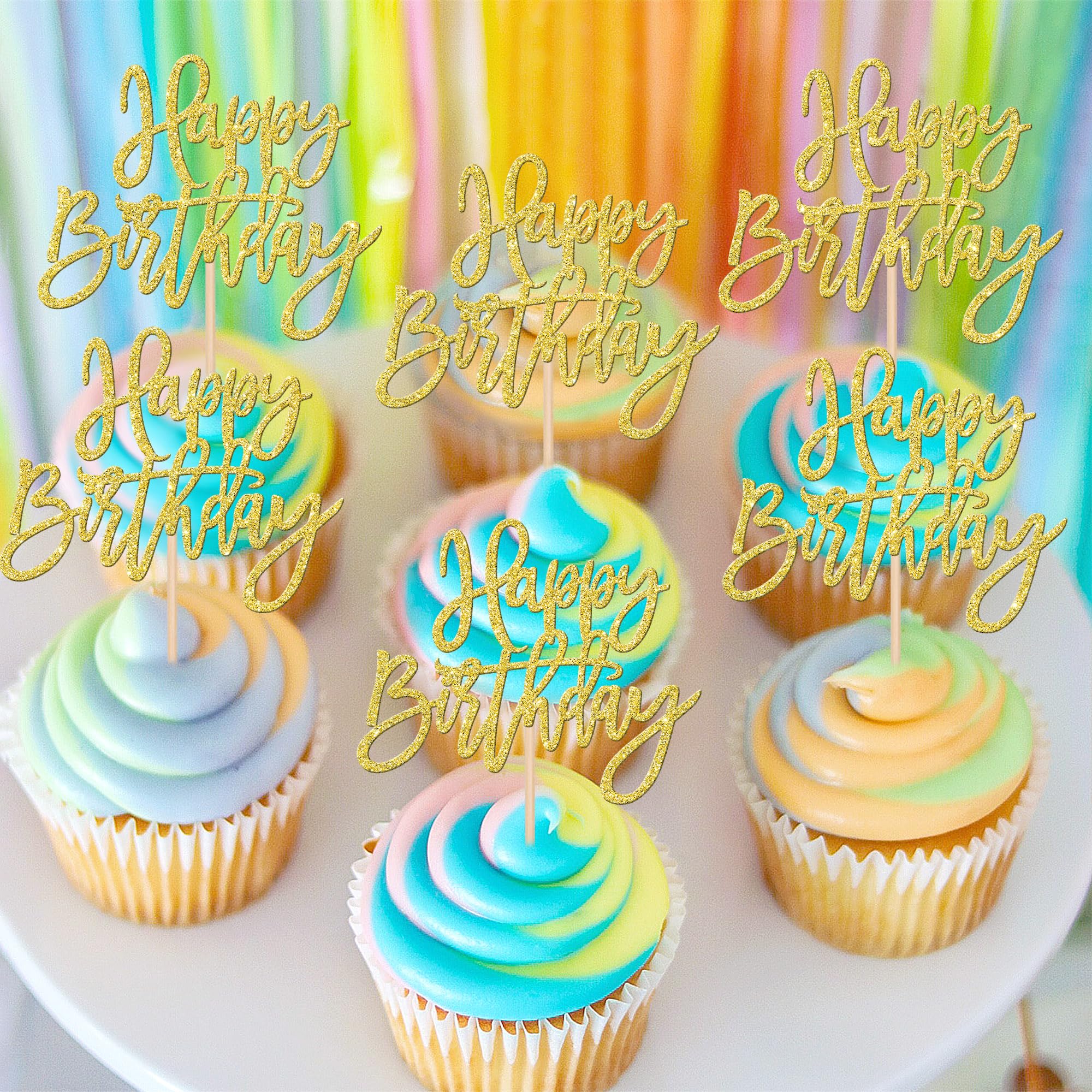 ZHUOWEISM 24 Pcs Happy Birthday Cupcake Toppers Glitter Picks, Gold — Anniversary & Party Cake Decorations