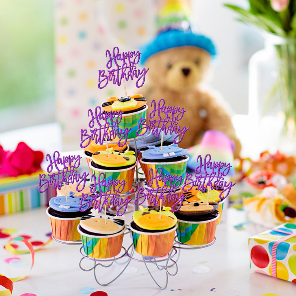 ZHUOWEISM 24 PCS Glitter Happy Birthday Cupcake Toppers – Purple Party Picks