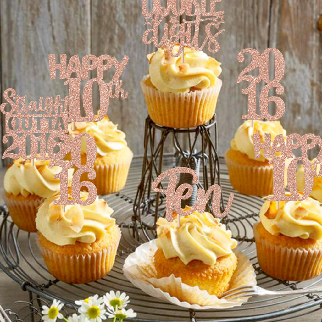 ZHUOWEISM 30Pcs Glitter Ten Happy 10th Birthday Cupcake Toppers, Straight Outta 2016, Rose Gold