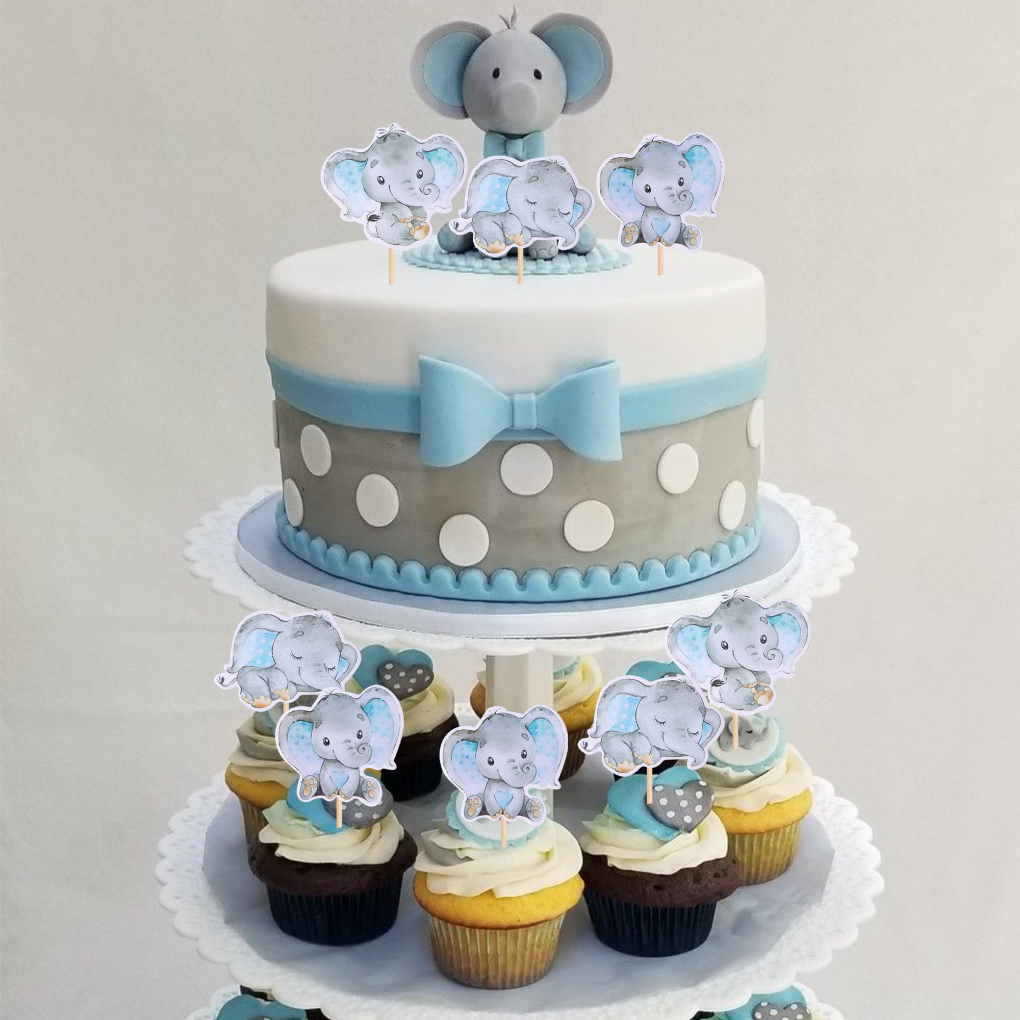 ZHUOWEISM 36Pcs Blue Elephant Cupcake Toppers – Baby Shower & Elephant Theme Party Picks