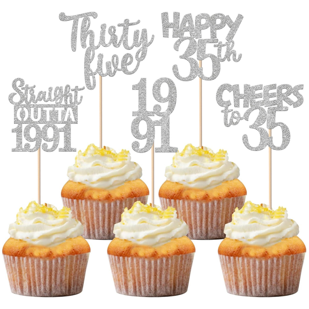 ZHUOWEISM 30 Pcs 35th Birthday Cupcake Toppers Glitter – Straight Outta 1991 Party Picks (Silver)