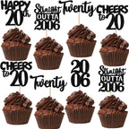 ZHUOWEISM 30pc Black Glitter Cupcake Toppers – Straight Outta 2006, 20th Birthday Party Decor