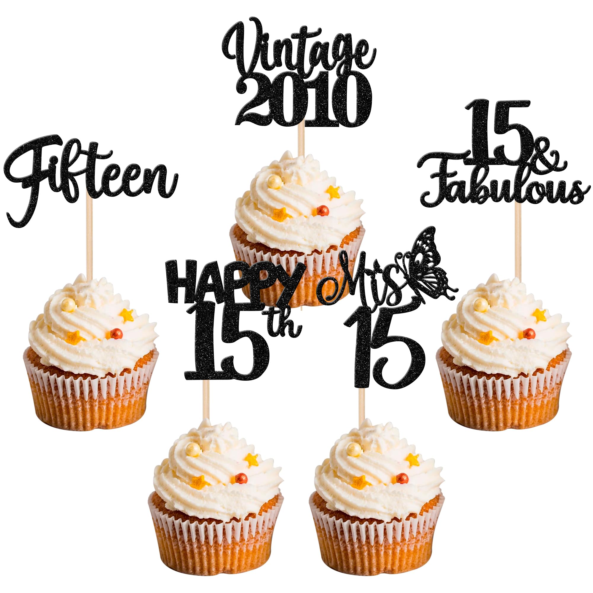 ZHUOWEISM 30pcs Happy 15th Birthday Cupcake Toppers Glitter Black – Vintage 2010 Theme Cake Decorations