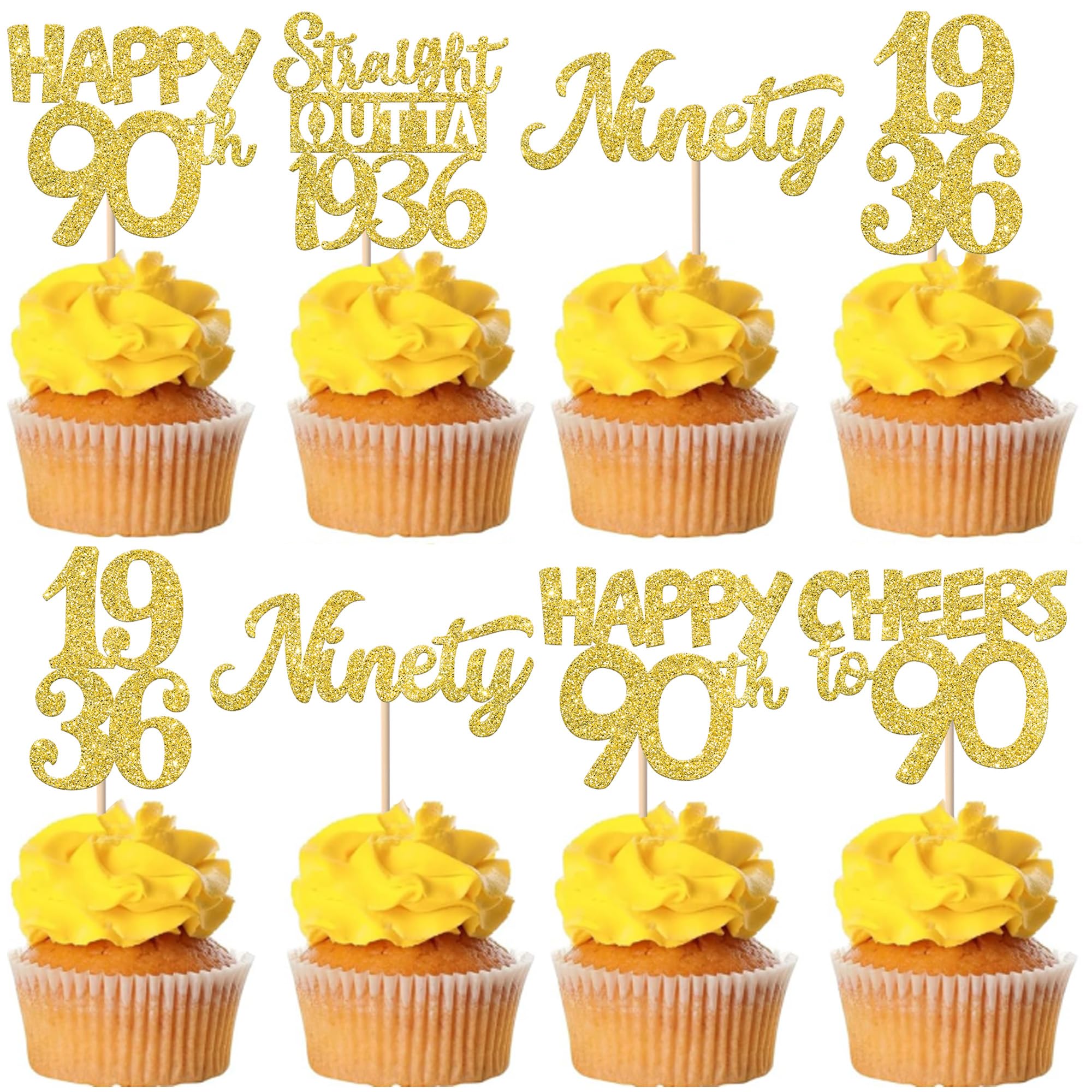 ZHUOWEISM 30Pcs Happy 90th Birthday Cupcake Toppers | Gold Glitter | Straight Outta 1936 - 90 Fabulous Cake Decorations