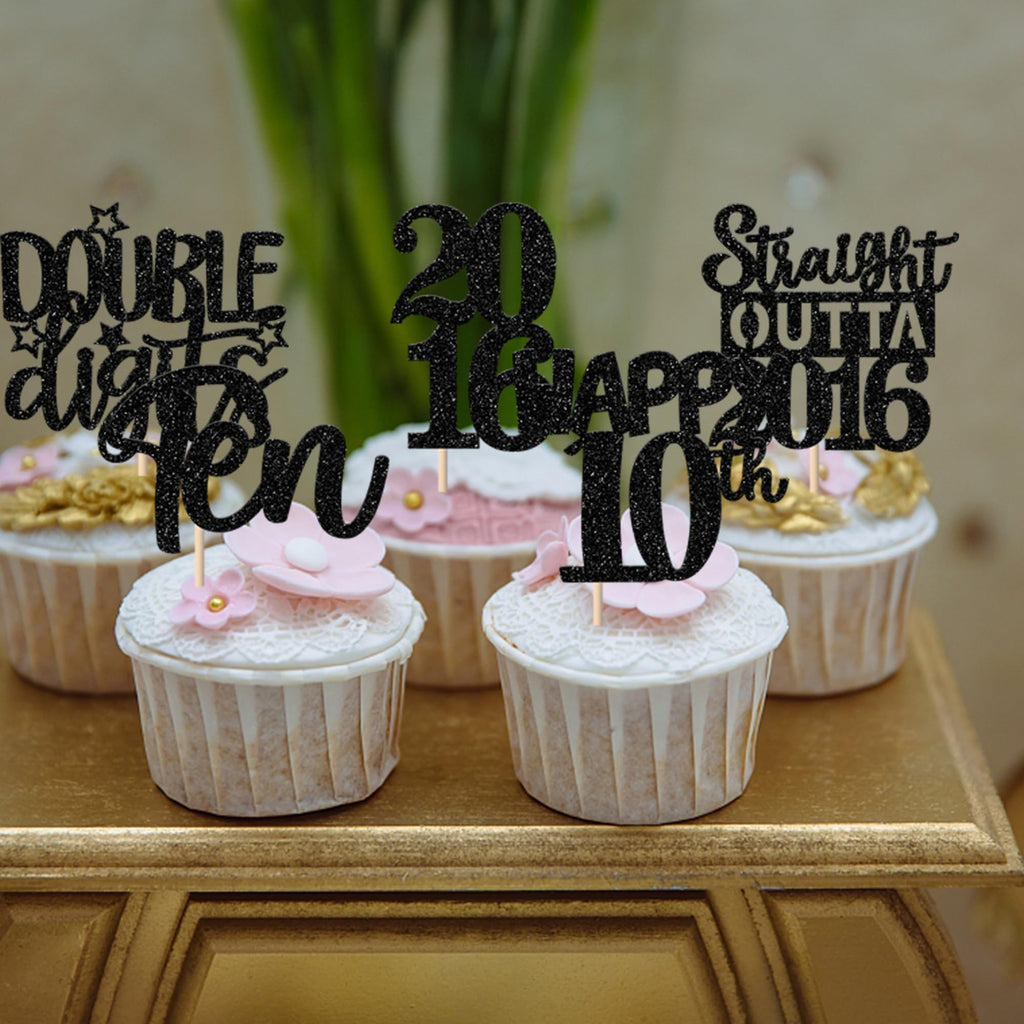 ZHUOWEISM 30Pcs Black 10th Birthday Cupcake Toppers – Glitter Straight Outta 2016