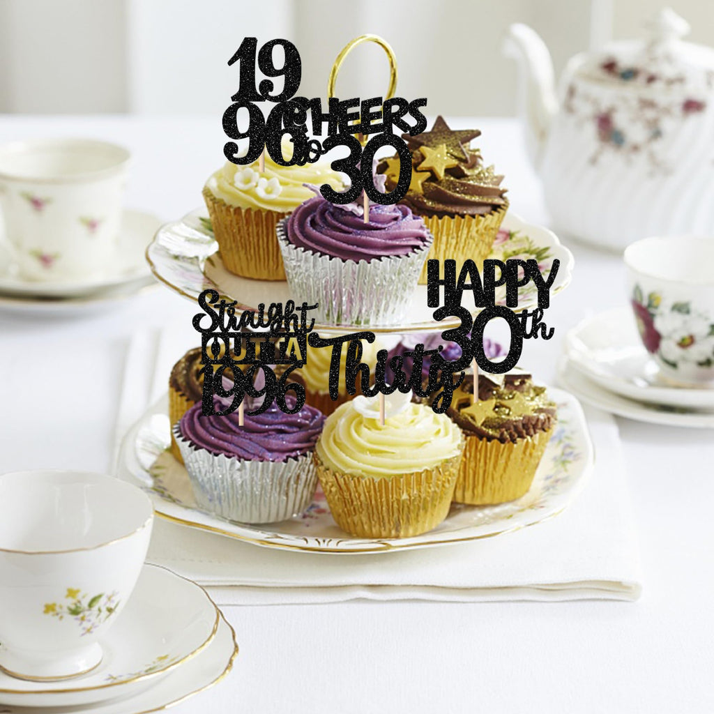 ZHUOWEISM 30Pcs Black Glitter Cupcake Toppers – Straight Outta 1996, 30th Birthday & Anniversary Decor