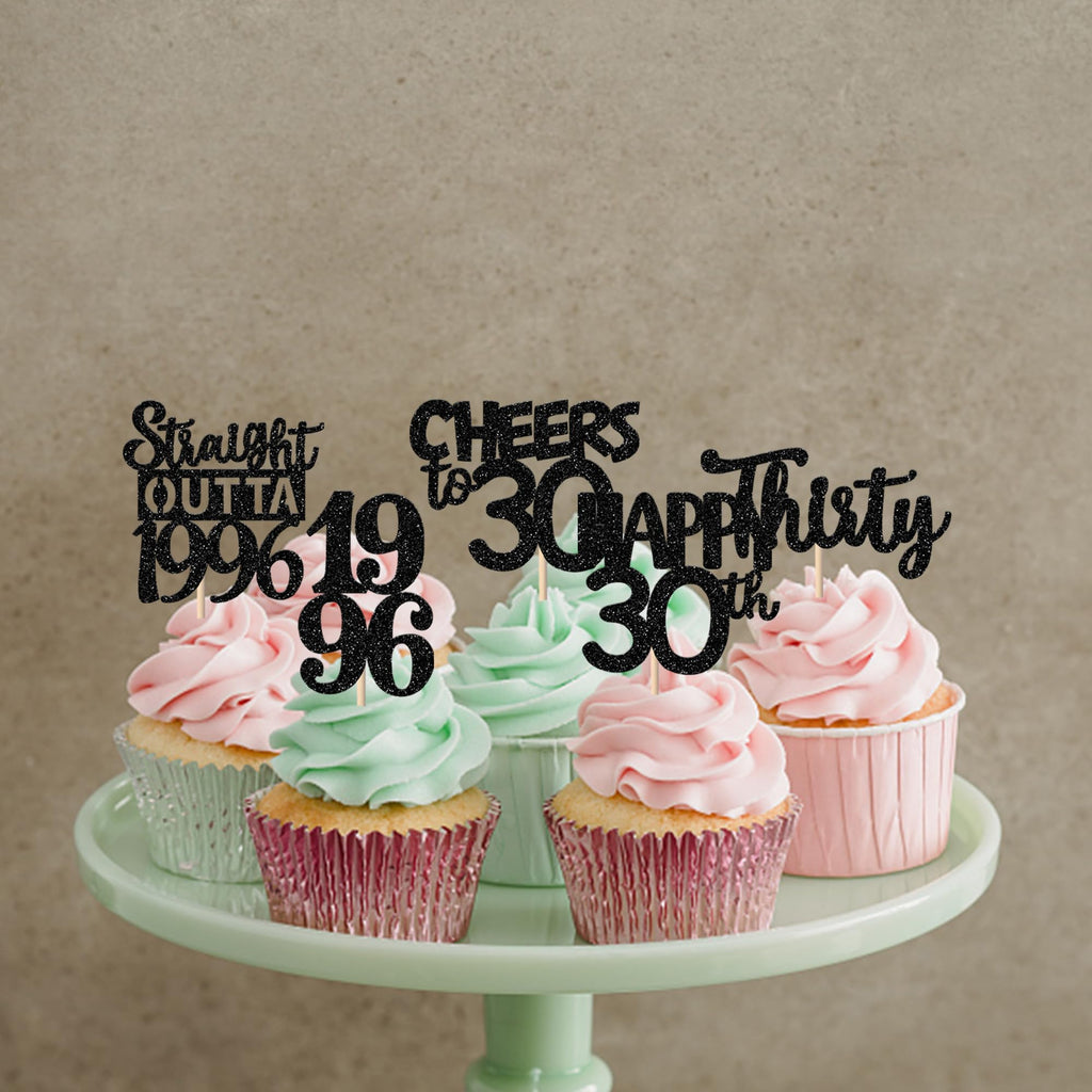 ZHUOWEISM 30Pcs Black Glitter Cupcake Toppers – Straight Outta 1996, 30th Birthday & Anniversary Decor