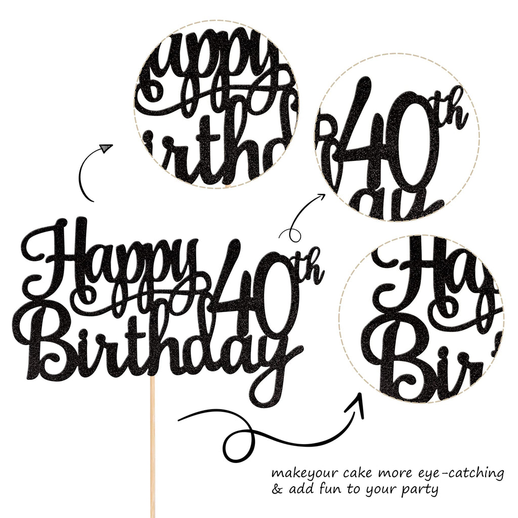 ZHUOWEISM 1pc Happy 40th Birthday Glitter Cake Topper – Cheers to 40 Years (Black)