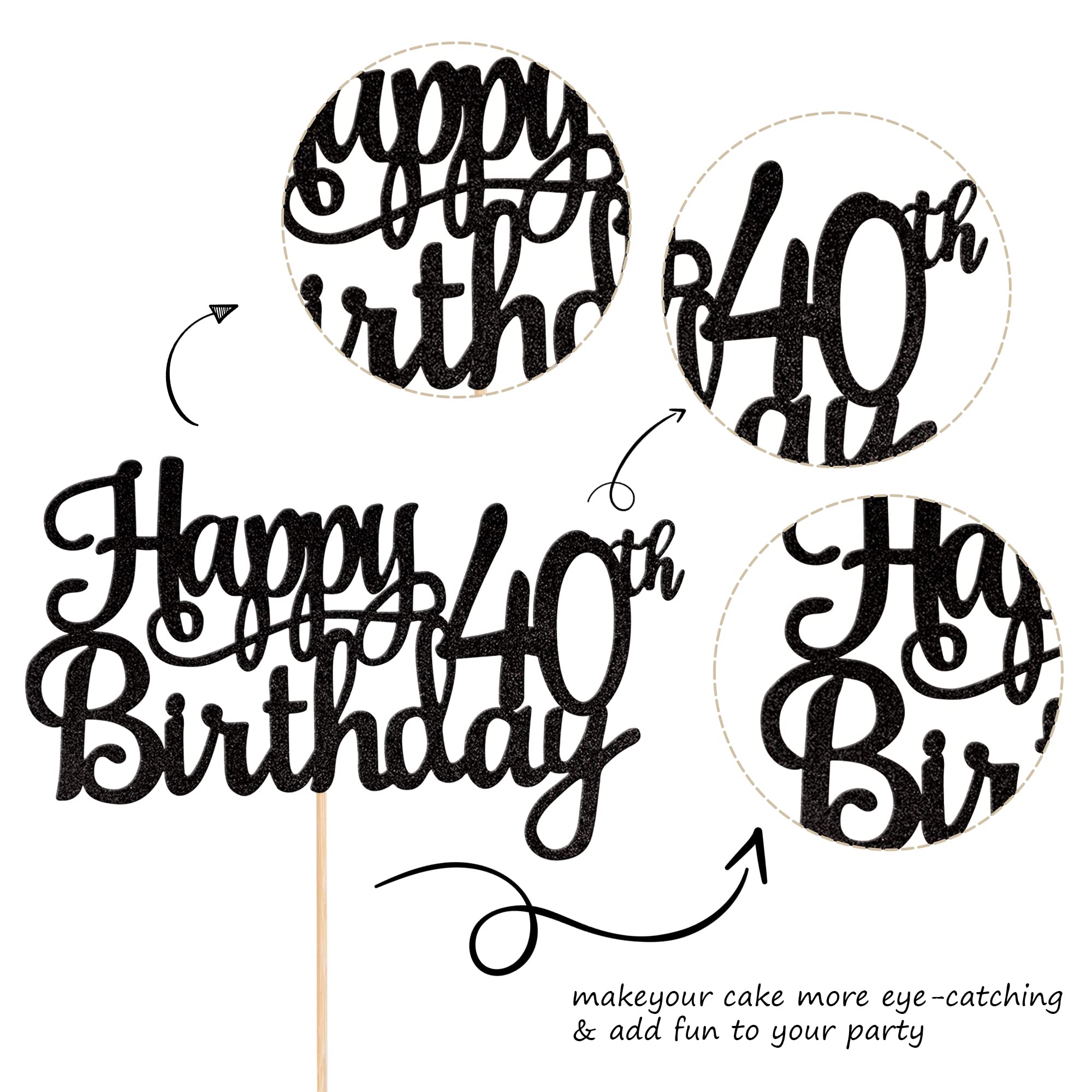 ZHUOWEISM 1pc Happy 40th Birthday Glitter Cake Topper – Cheers to 40 Years (Black)