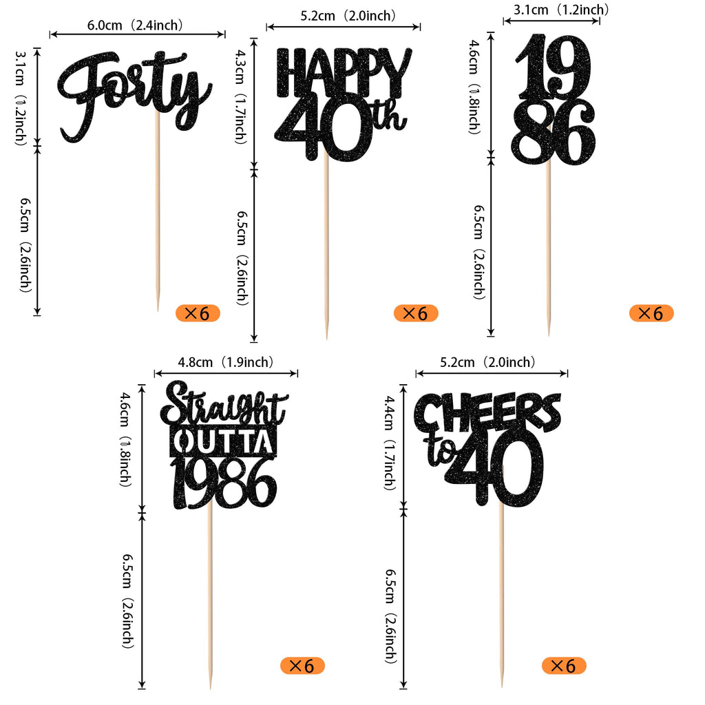 ZHUOWEISM 30pcs Black Glitter Cupcake Toppers - Straight Outta 1986 for 40th Birthday & Anniversary