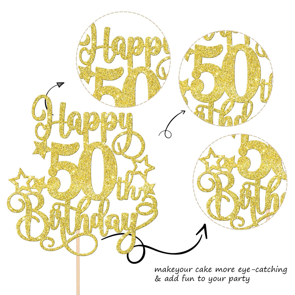 ZHUOWEISM 1-Pcs Happy 50th Birthday Cake Topper Glitter – Cheers to 50 Years Gold