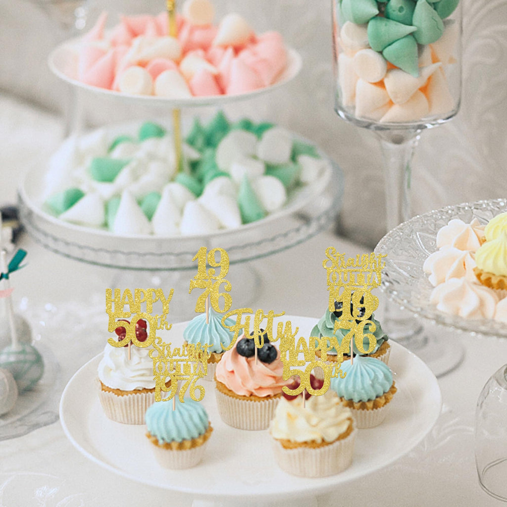 ZHUOWEISM 30Pcs Happy 50th Birthday Cupcake Toppers – Gold Glitter, Straight Outta 1976