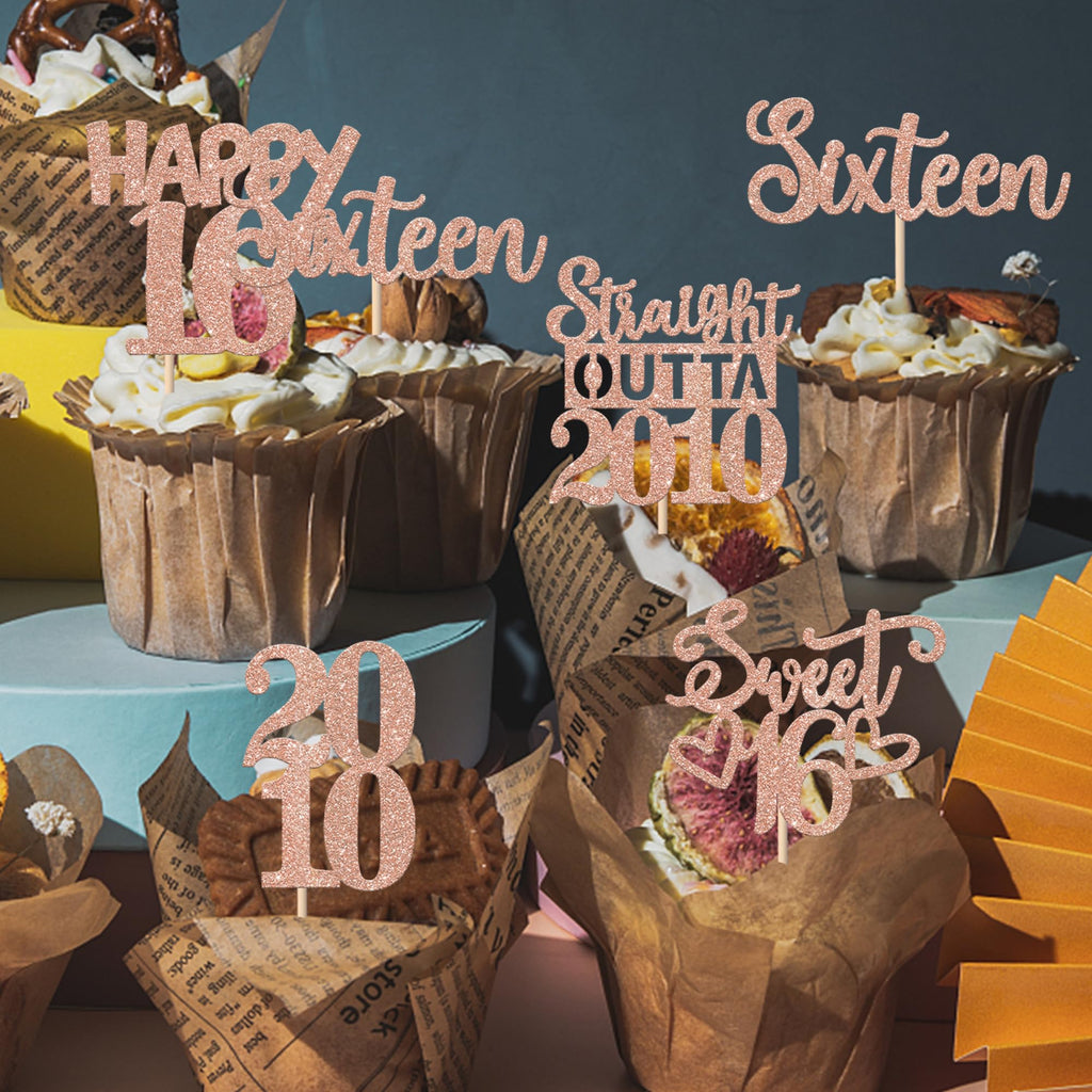 ZHUOWEISM 30PCS Glitter 16th Birthday Cupcake Toppers | Straight Outta 2010, Rose Gold