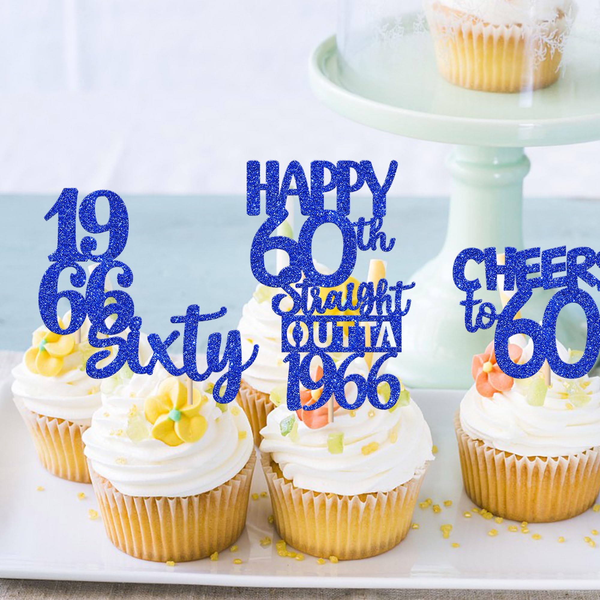 ZHUOWEISM 30 PCS 60th Birthday Cupcake Toppers – Glitter Straight Outta 1966, Blue