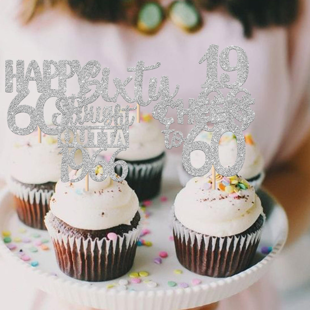 ZHUOWEISM 30Pcs 60th Birthday Cupcake Toppers Glitter Silver – Straight Outta 1966