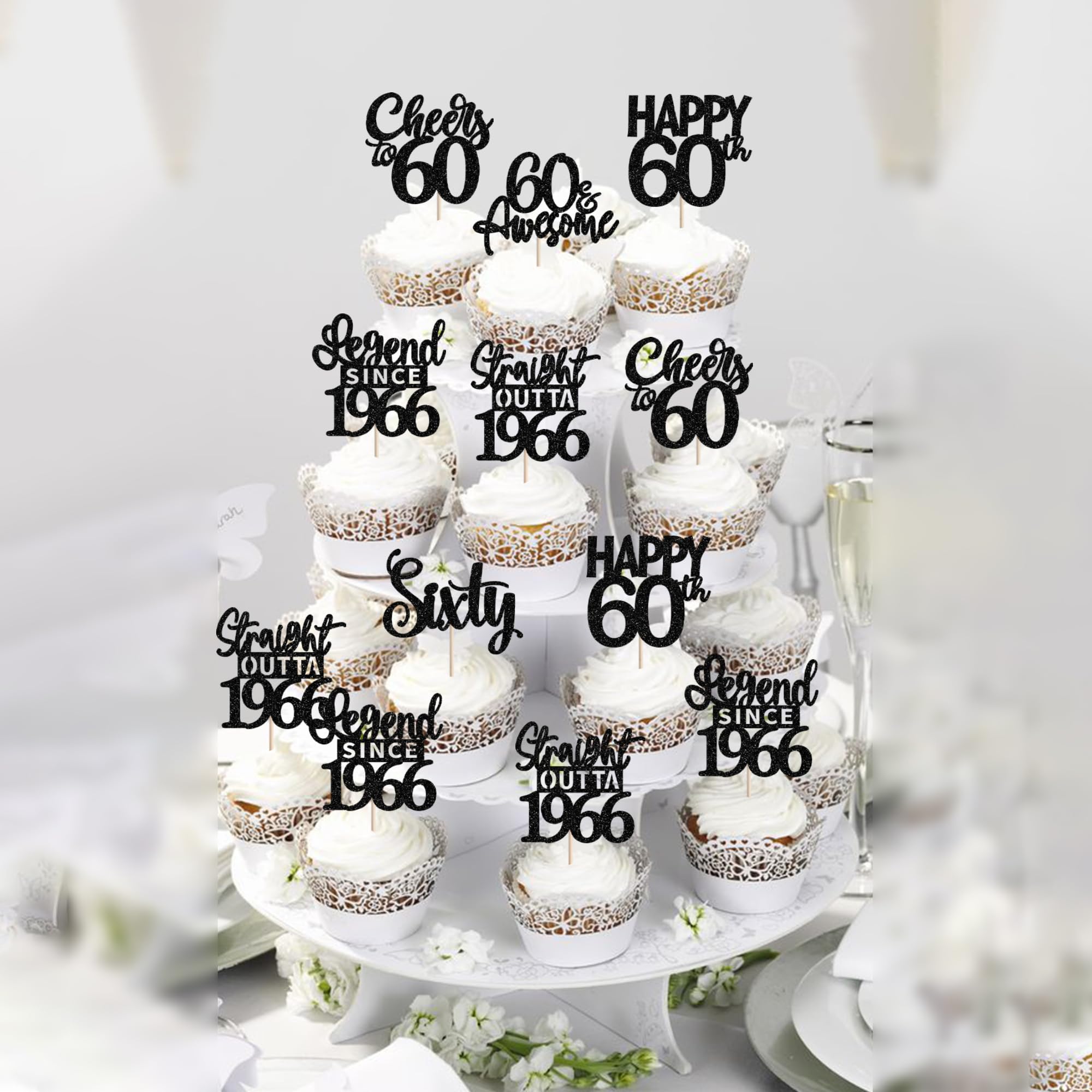 ZHUOWEISM 24Pcs Black 60th Birthday Cupcake Toppers - Straight Outta 1966