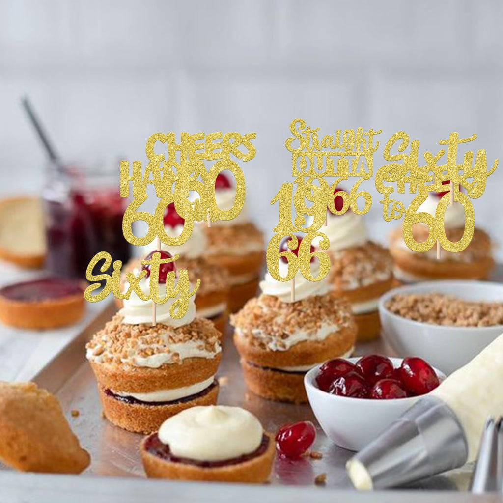 Zhuoweism 30Pcs Gold Glitter 1966 Cupcake Toppers for 60th Birthday Parties